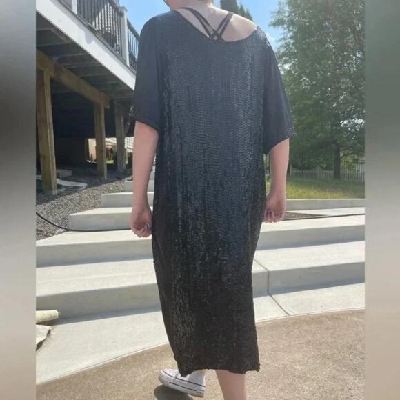 Vintage Black Sequin Elephant Dress – 80s/90s Batwing Midi Kaftan, Gold Sequin - Picture 7 of 9
